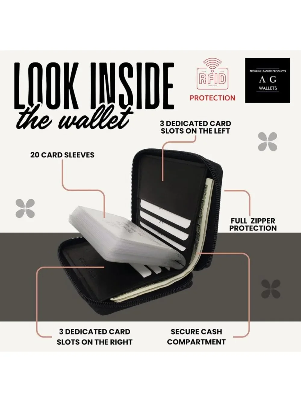 Stylish Men's Zip Around Leather Wallet with Card Inserts - Black, Durable